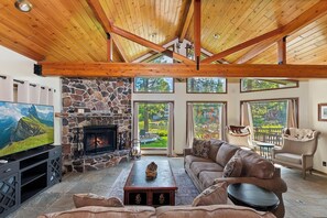 TV, fireplace, table football - The Lakehouse by Destination Big Bear: Charming Elegant Remodeled Lakefront on Mallard Lagoon! Hot Tub! Pool Table! Foosball! (Big Bear Lake CA)