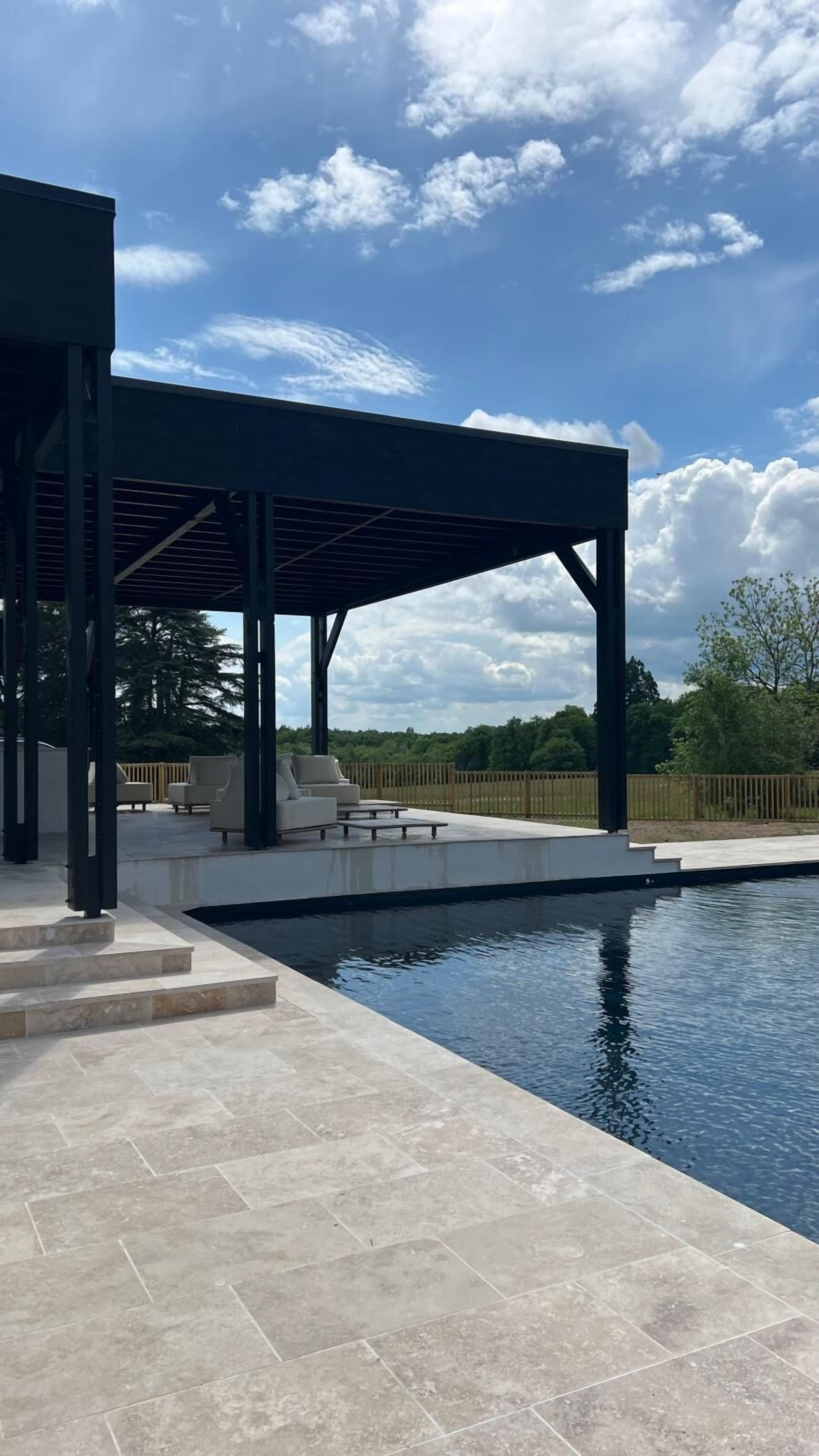 Seasonal outdoor pool, pool loungers