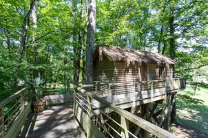 Une cabane en bois perchée dans un arbre, avec un toit de chaume, entourée d’une végétation luxuriante et d’arbres.
