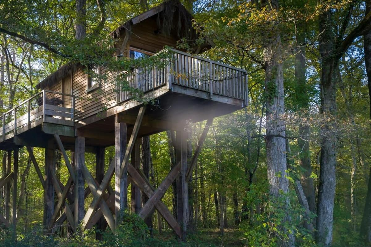 A treehouse with a balcony, surrounded by dense forest.