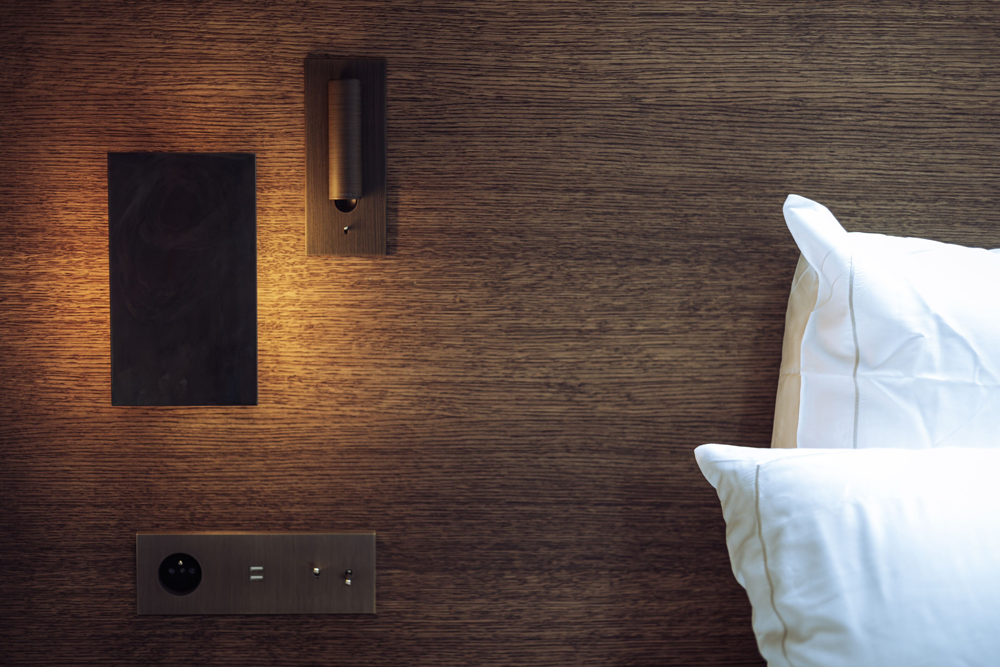 Een houten wand met een lichtschakelaar, een thermostaat en een wandlamp.