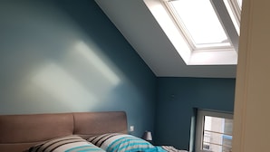 A bedroom with a bed, a skylight, and a window.