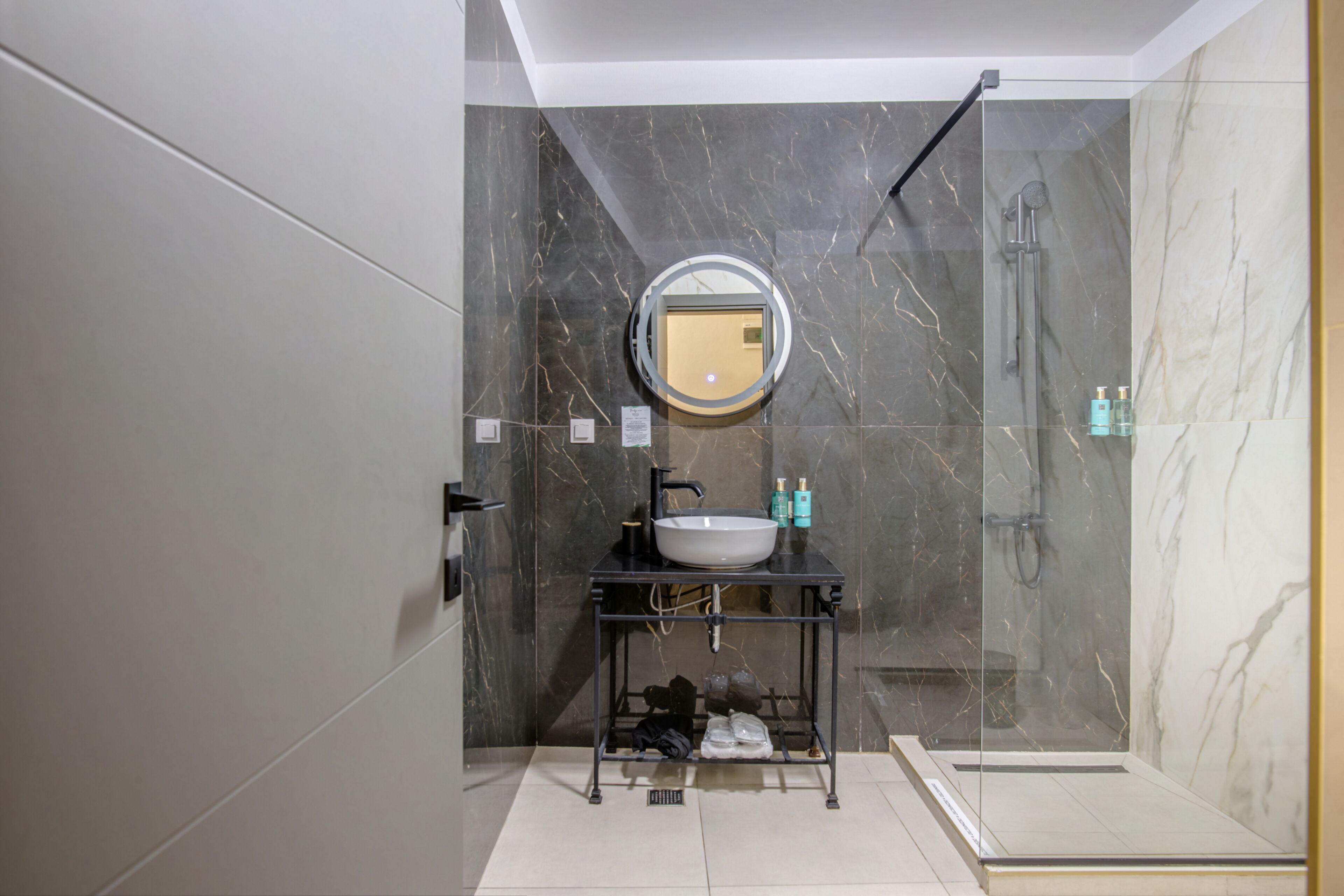 shower, slippers, towels