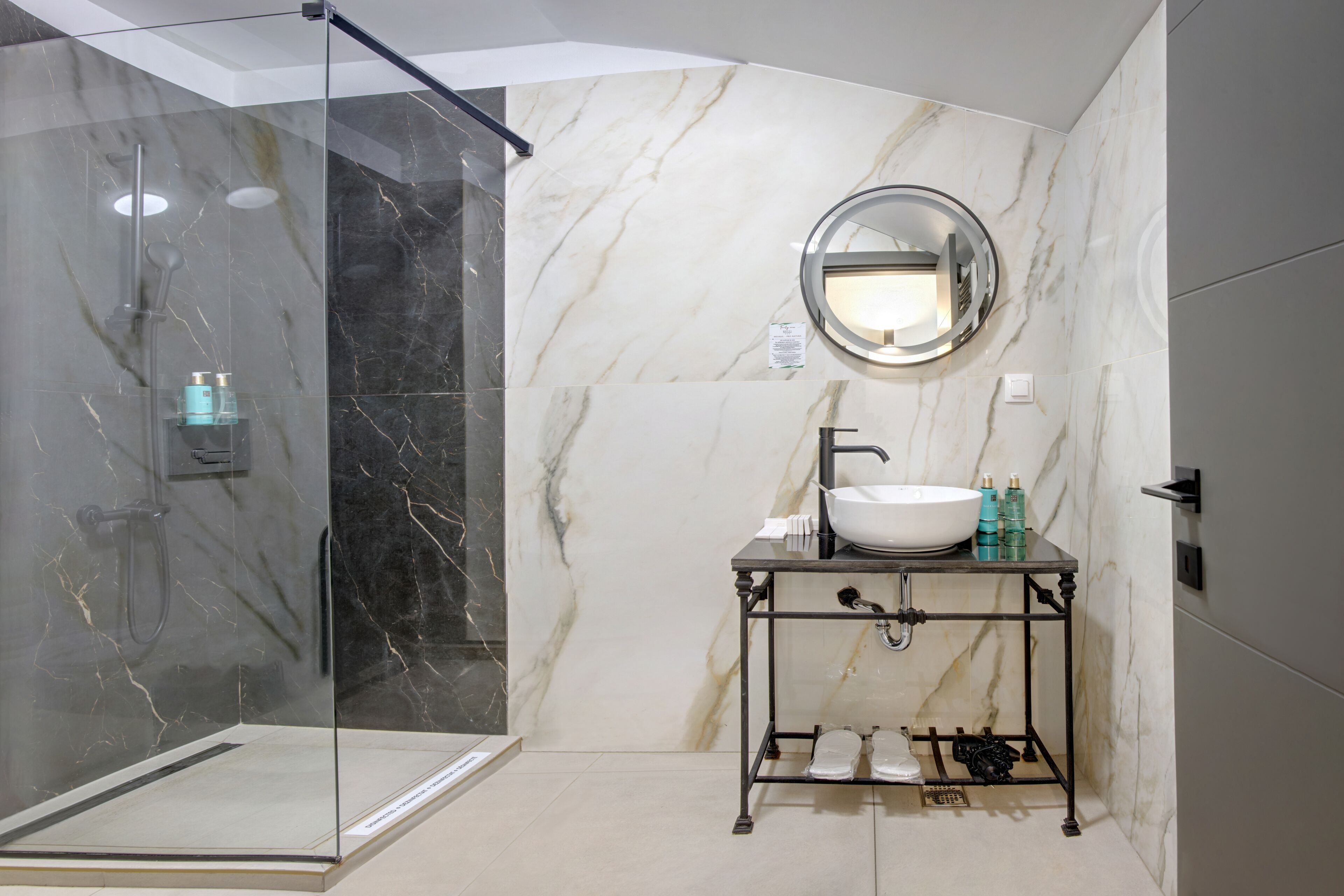 shower, slippers, towels