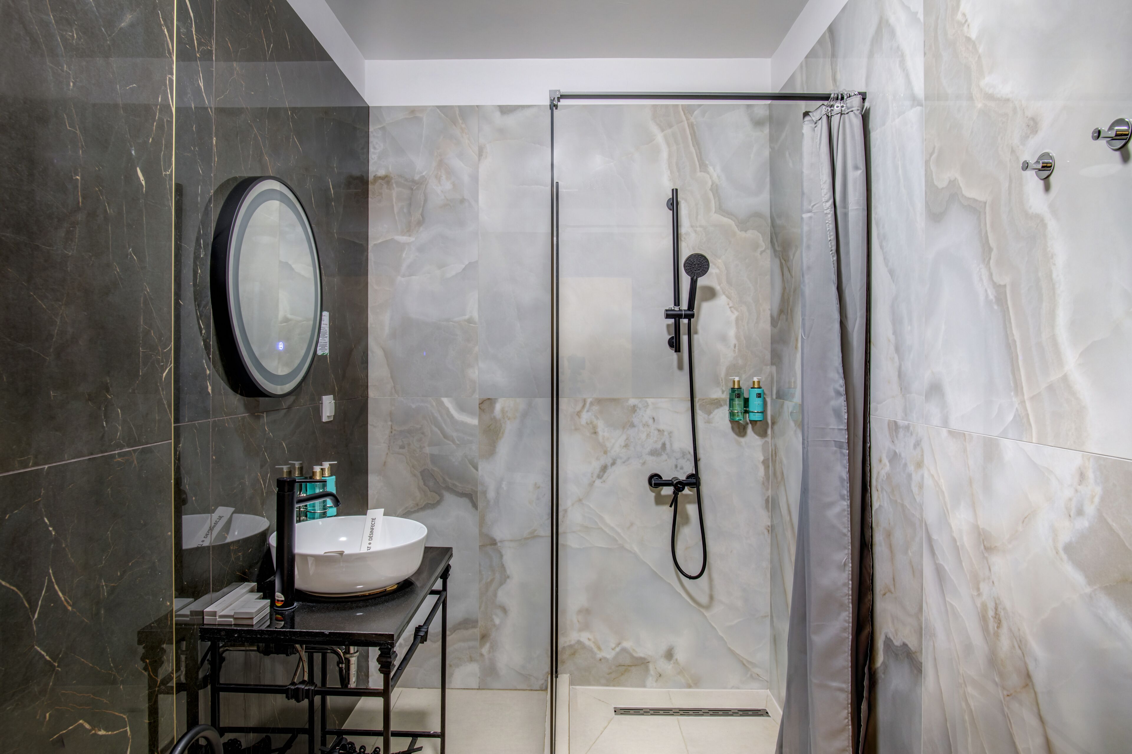 shower, slippers, towels