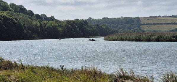 A river with boats and a forested landscape.
