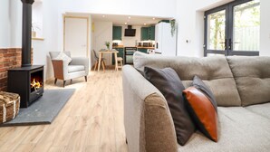 A modern living room with a fireplace, a sofa, and a dining area.
