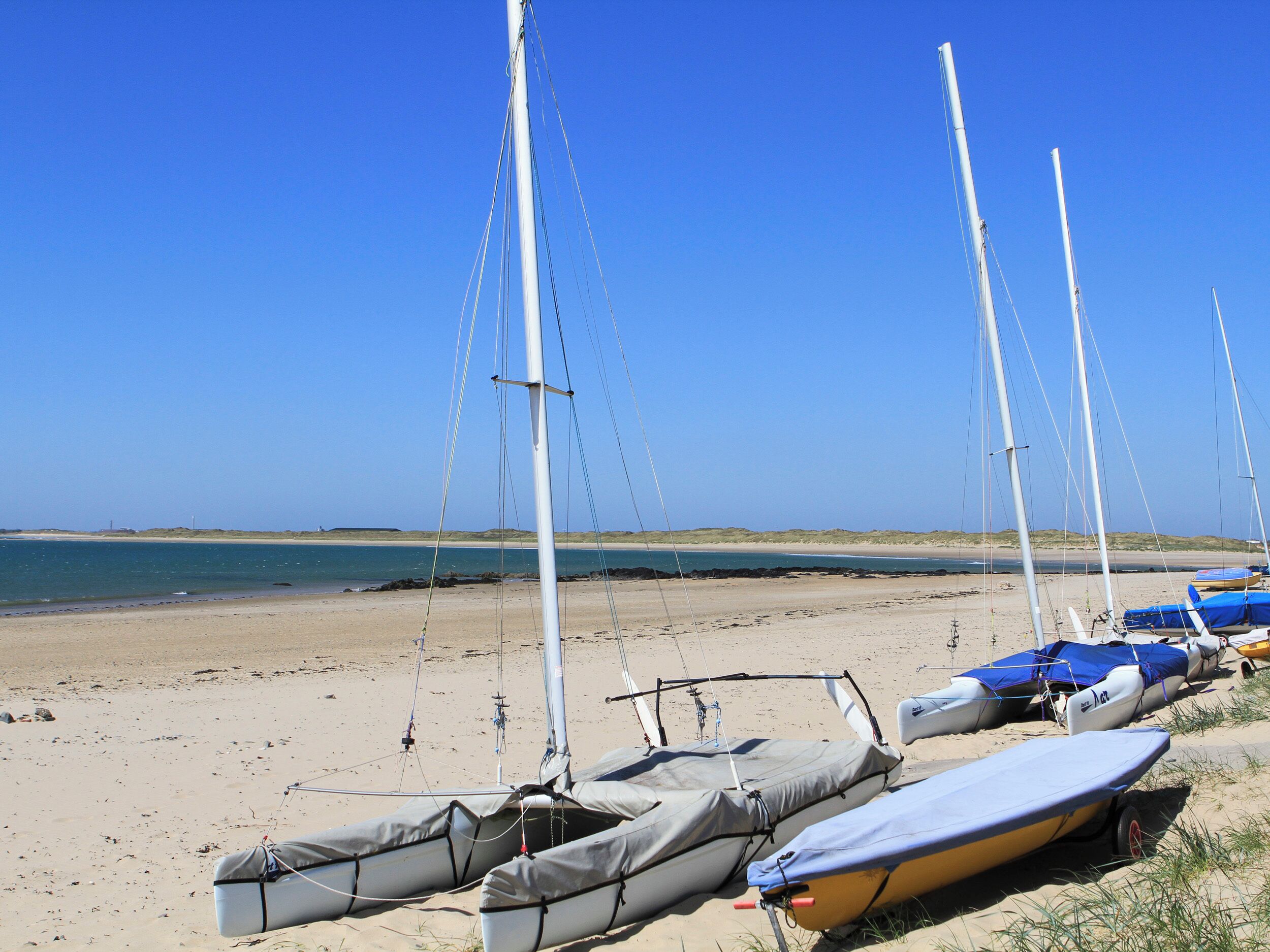 A beach with several sailboats and a clear blue sky.