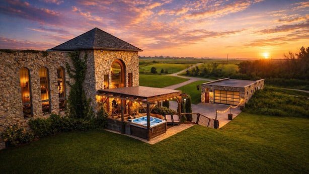 A stone building with arched windows, a hot tub, and a covered patio area. - Stay in a Real Castle on a Vineyard (Cleveland)
