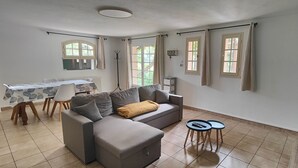 Un salon comprenant un canapé, une table basse, une table à manger avec des chaises et deux fenêtres avec des rideaux.