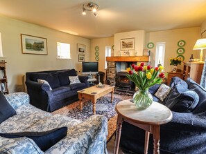 A cozy living room with a sofa, a coffee table, a TV, and a fireplace. - Tyddyn Bach (Newport)