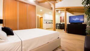 Una habitación de hotel moderna con cama, televisión y kitchenette.