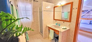 Ducha, secador de pelo y toallas