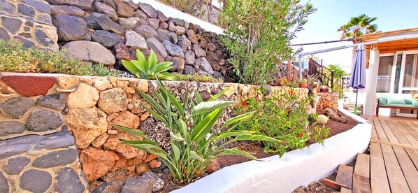 A stone retaining wall with various plants and a wooden deck.