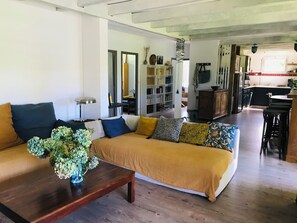 Smart-tv, ett bordtennisbord och böcker