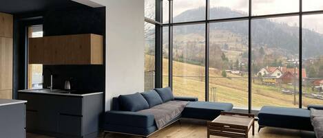 Smart TV, fireplace, table football, ping pong