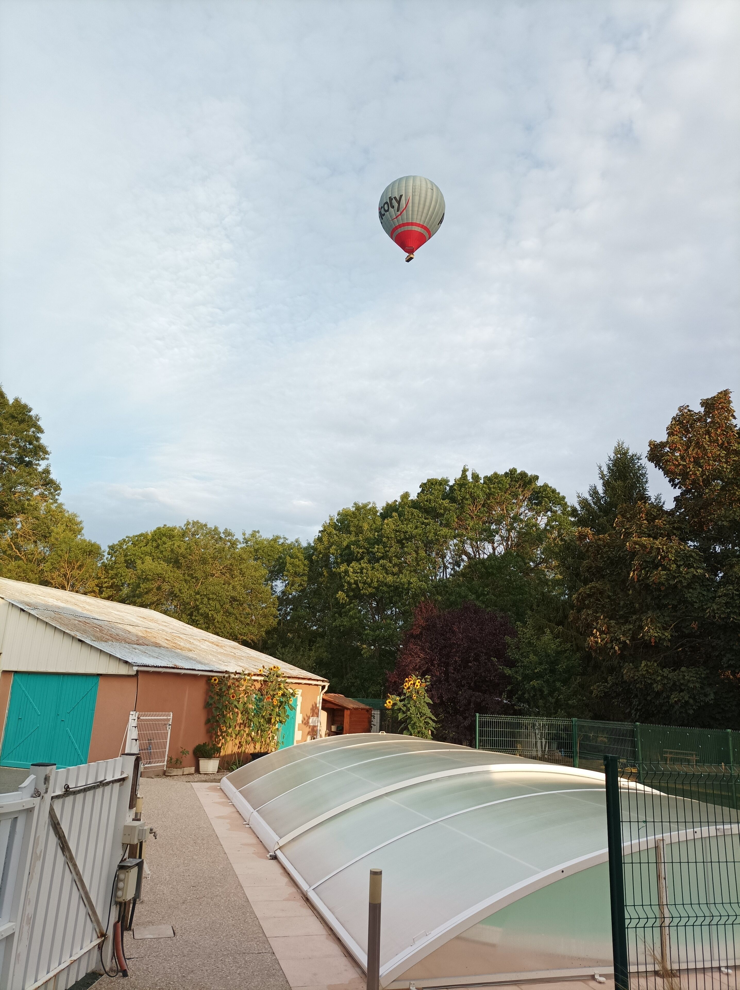 A greenhouse with a curved glass roof, surrounded by a fence and trees.
