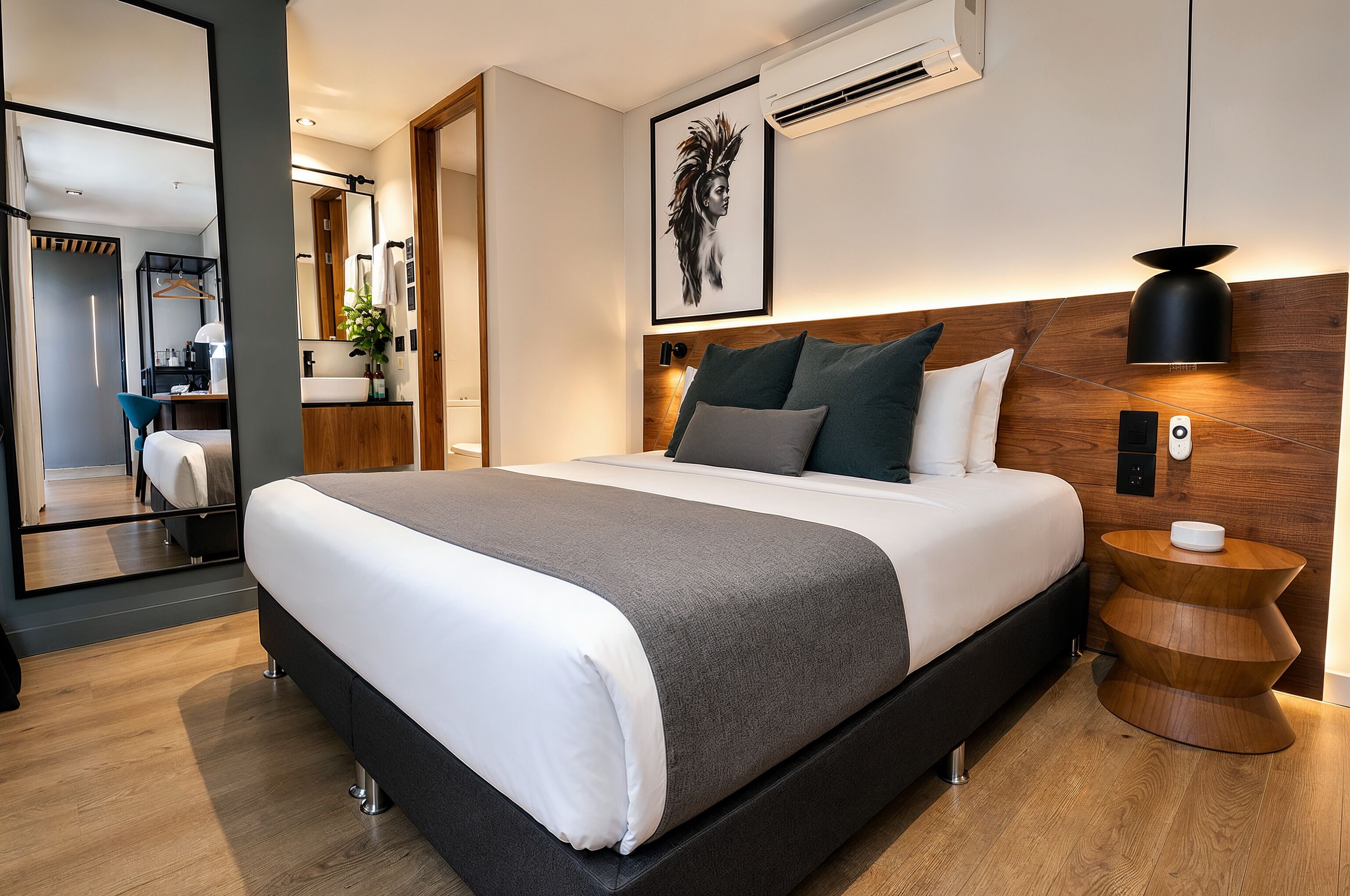 A modern bedroom with a large bed, bedside table, and a mirror.
