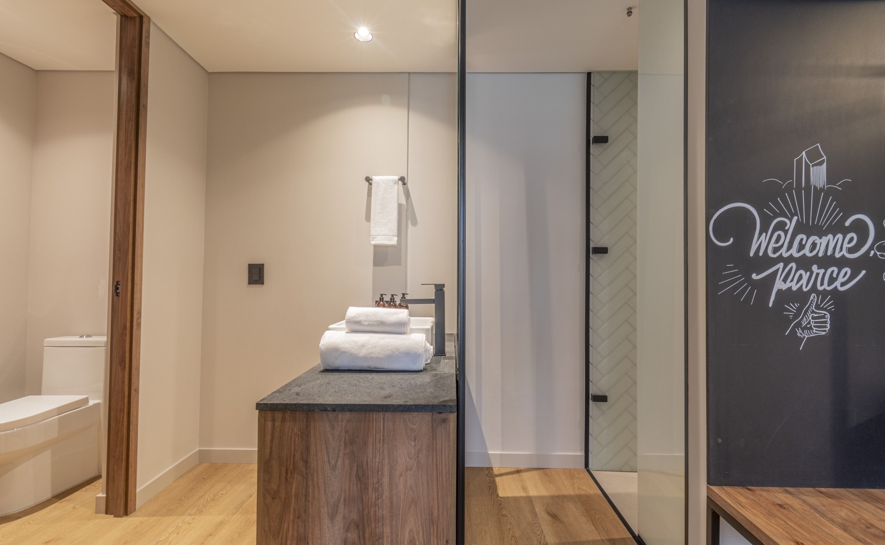 room (xl) | bathroom | shower, rainfall showerhead, hair dryer, towels