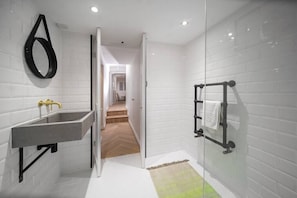 Shower, hair dryer, towels, shampoo