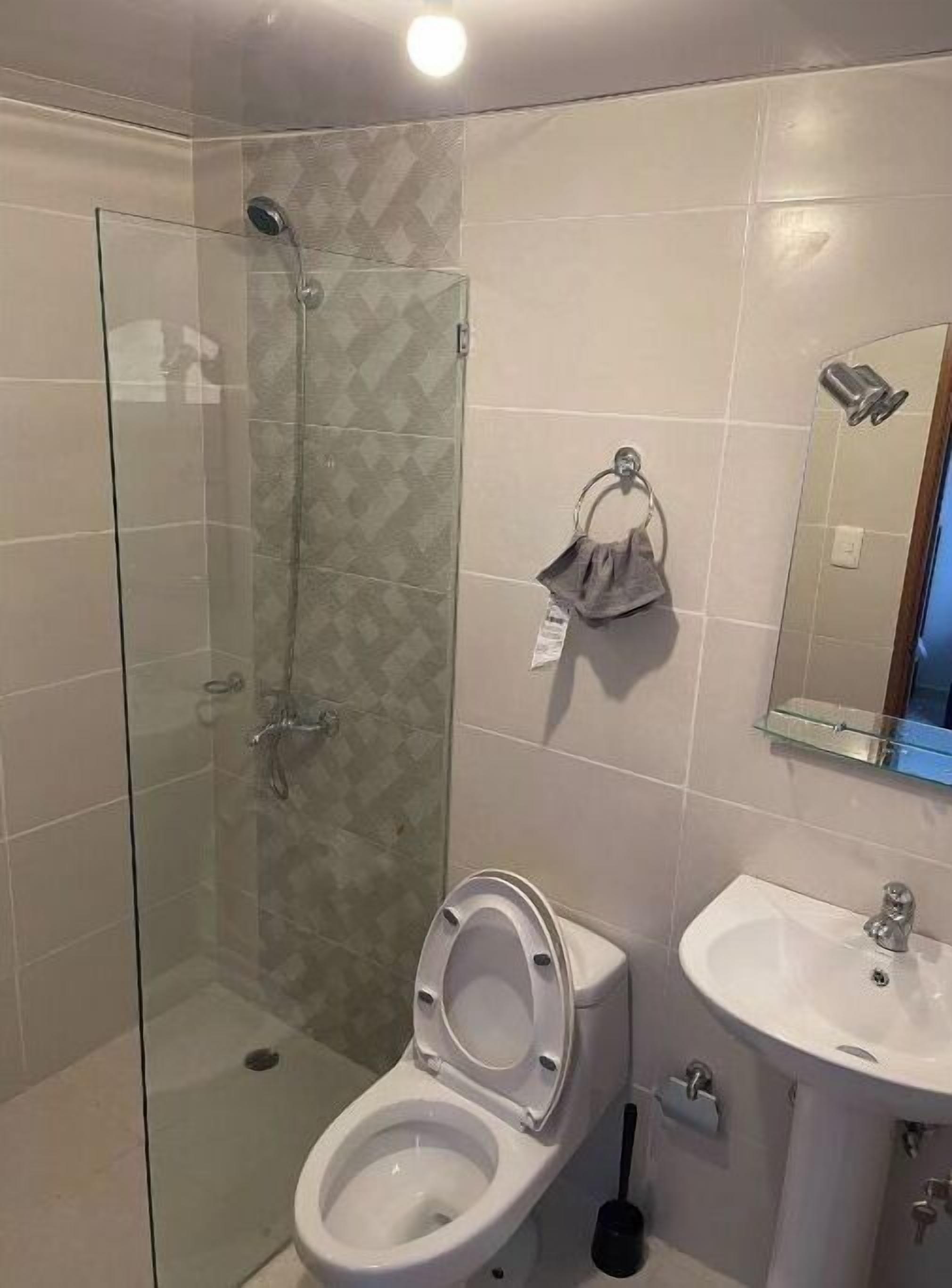 Une salle de bain moderne avec une douche à parois de verre, des toilettes, un lavabo et un porte-serviettes.