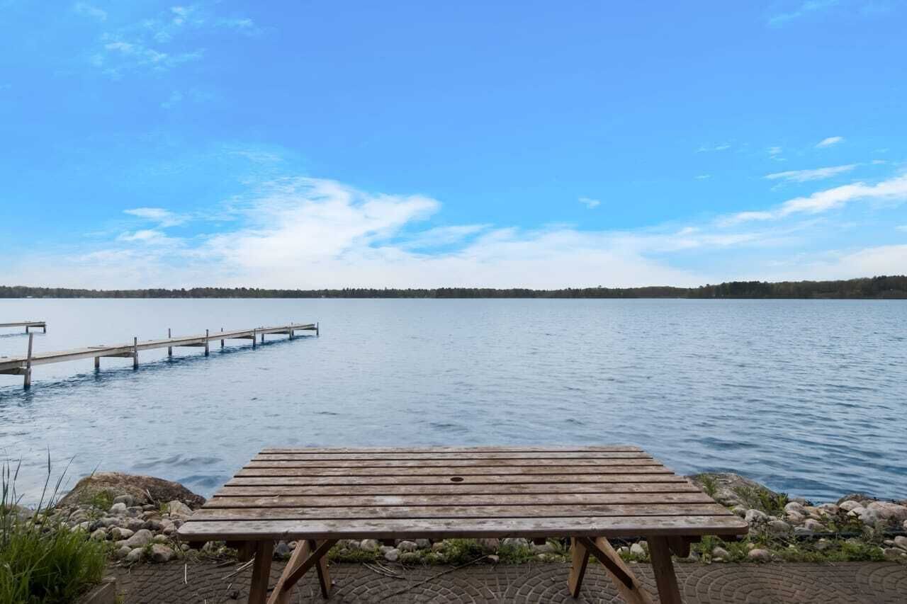 A wooden bench by a calm lake with a dock extending into the water.