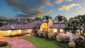 A residential area with multiple houses, each with a unique architectural style, featuring curved roofs and large windows.