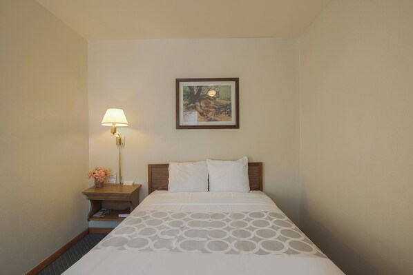 A hotel room with a bed, a nightstand with a lamp, and a framed picture on the wall.
