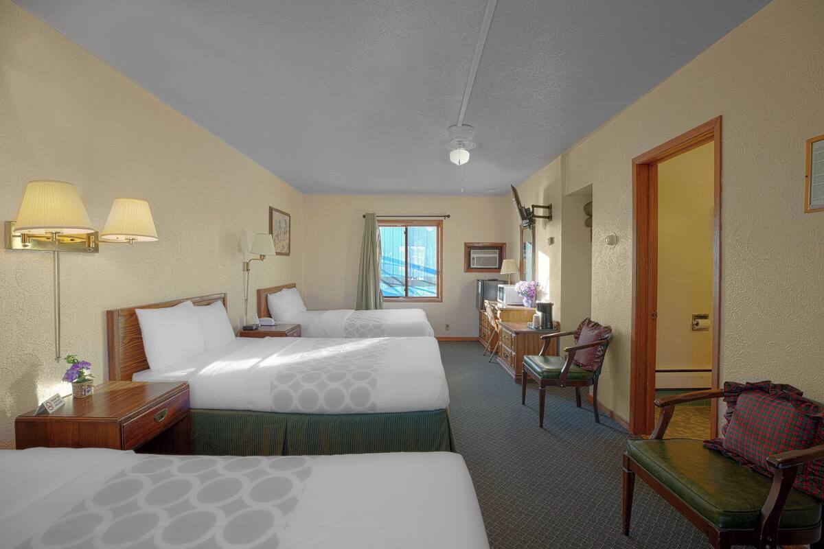 Een hotelkamer met twee bedden, een bureau, een stoel en een televisie.
