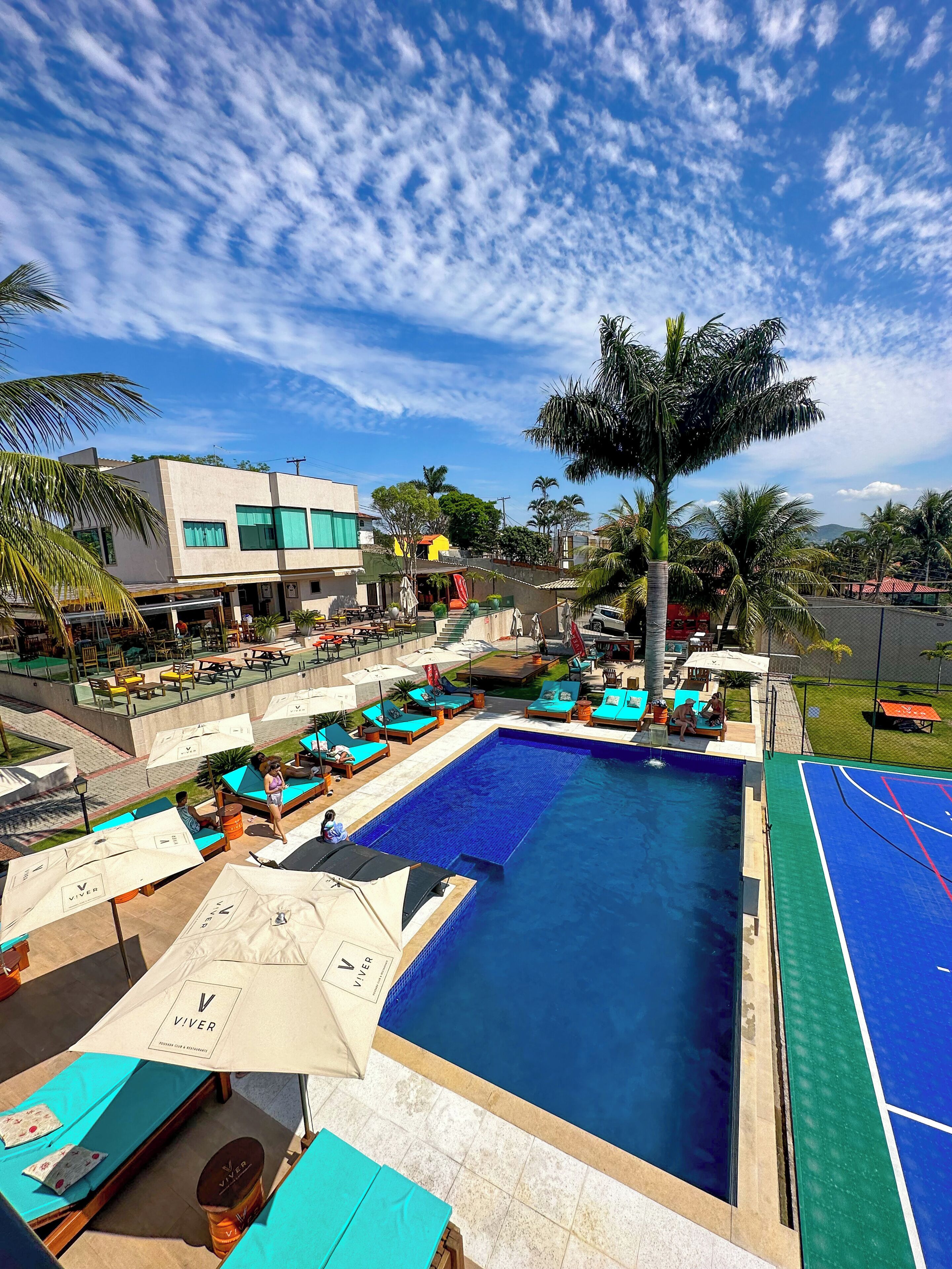 A swimming pool with lounge chairs and umbrellas, a building with a green facade, and palm trees.