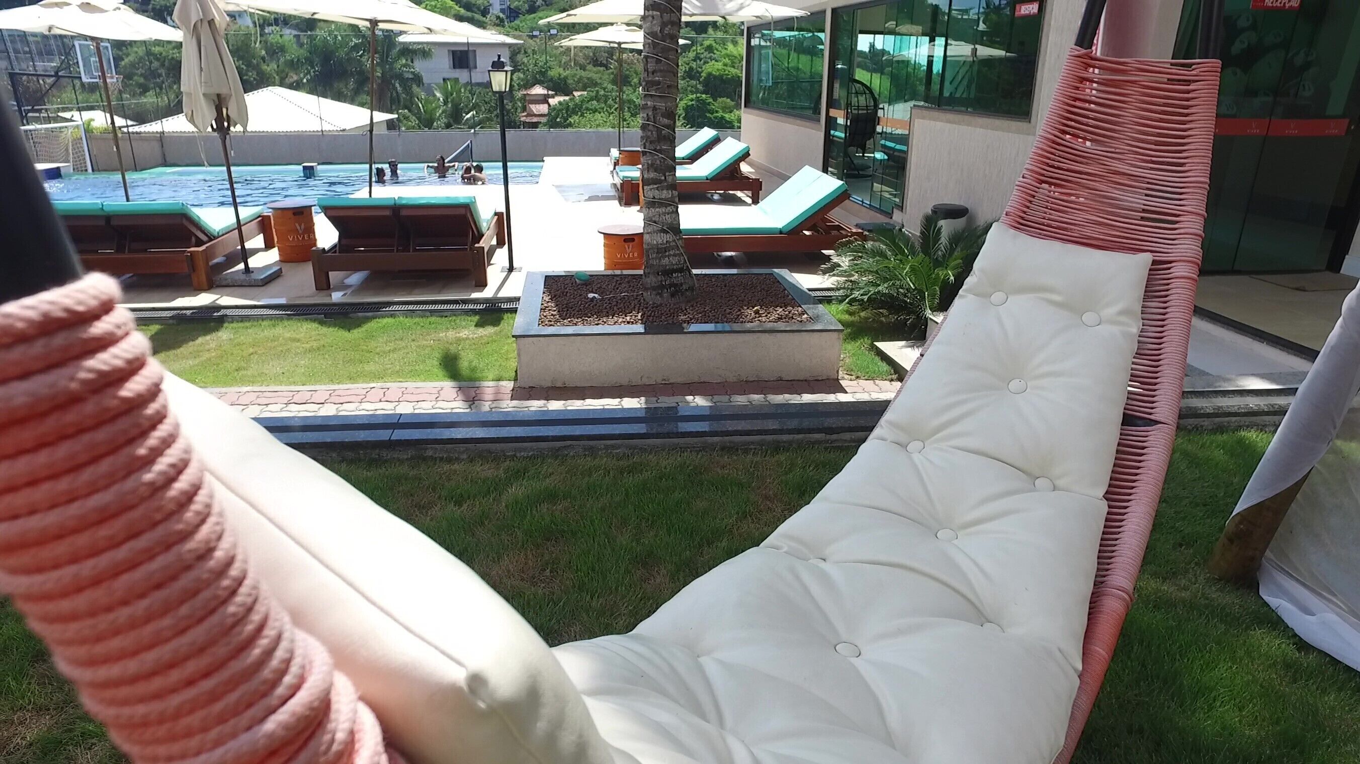 Zona de piscina con sillas de descanso, mostrador de recepción y vista a la piscina.