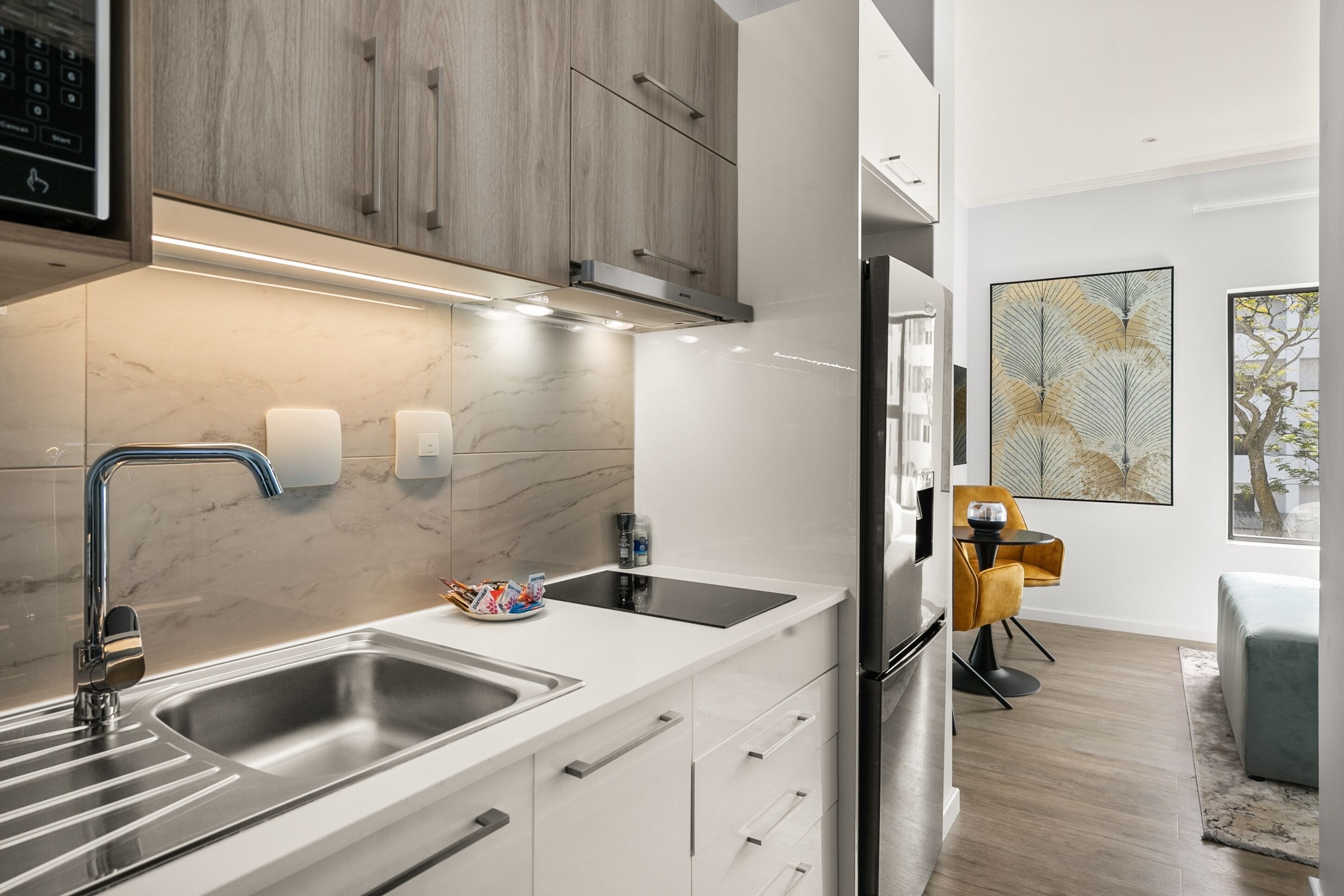 Fridge, microwave, electric kettle, toaster