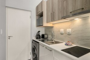 Fridge, microwave, electric kettle, toaster