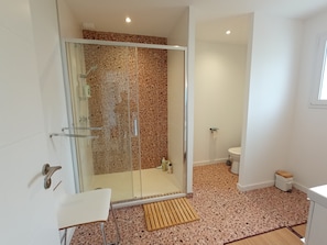 Shower, hair dryer, toilet paper