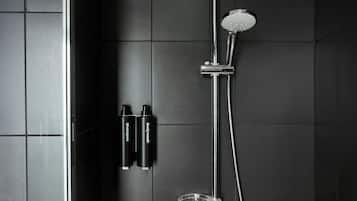 Shower, rainfall showerhead, hair dryer, towels
