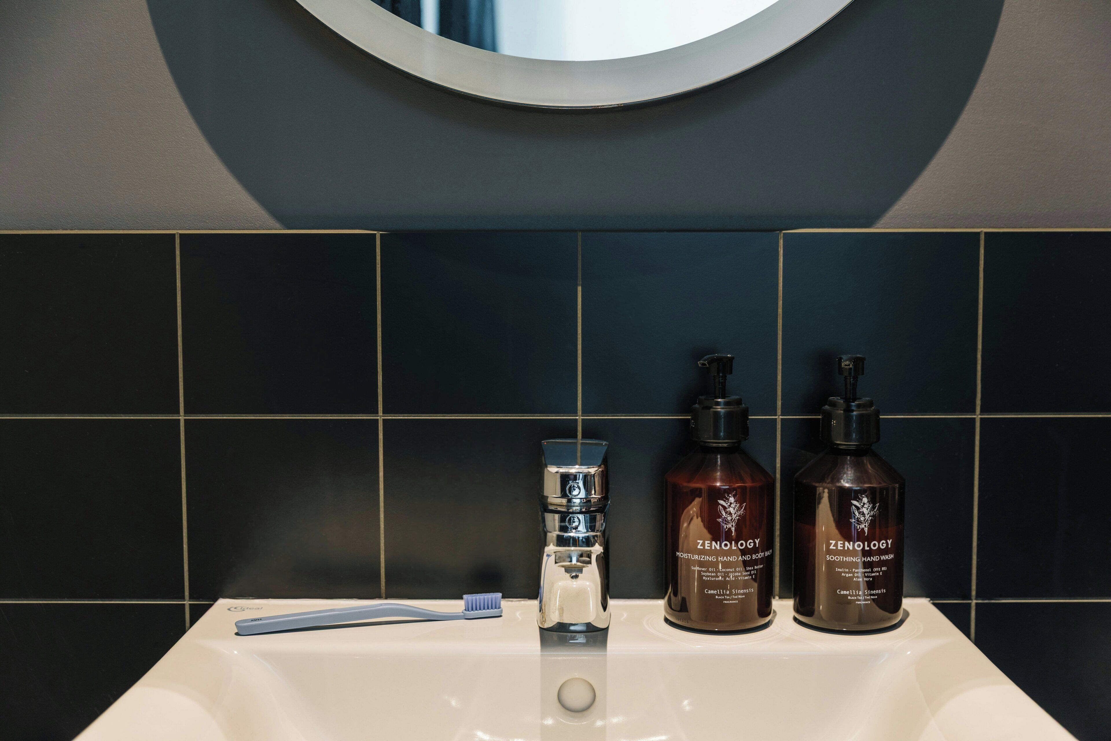 A bathroom with a sink, two bottles of Zenology hand soap, and a toothbrush.