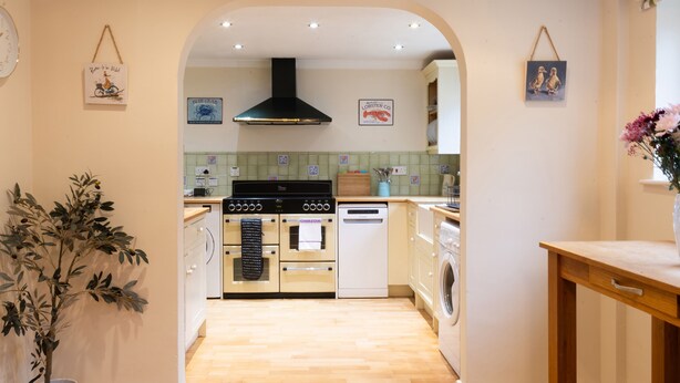 A kitchen with an oven, dishwasher, and washing machine. There is a potted plant and a wooden table.