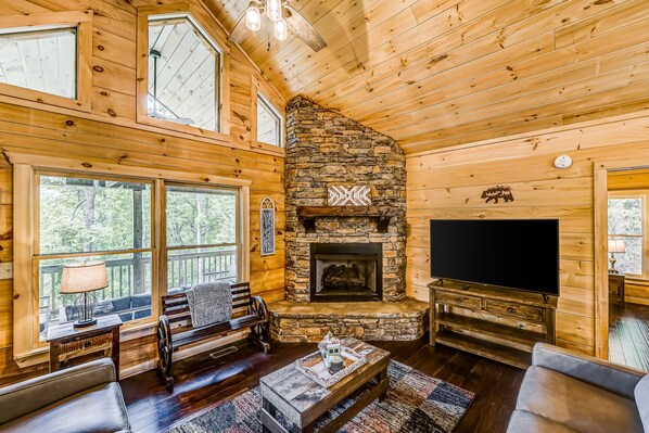 TV, fireplace, DVD player, table tennis - Brand-new cabin with mountain views, ping-pong, Wifi, AC, & firepit (Cherry Log)