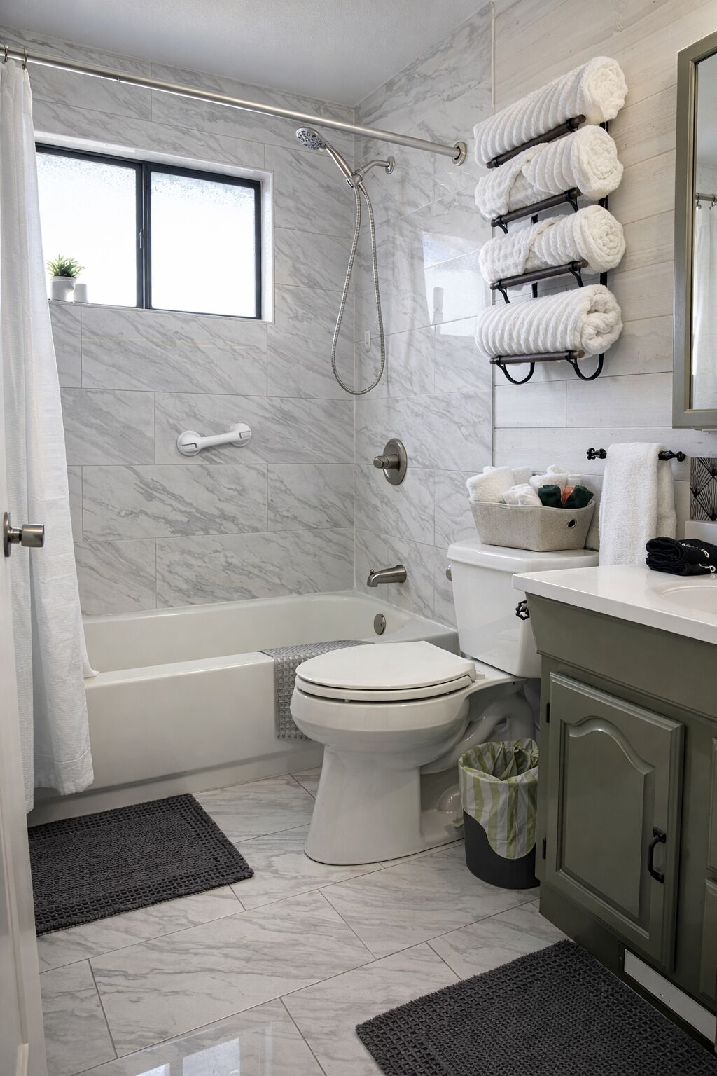 Combined shower/tub, hair dryer, towels, soap