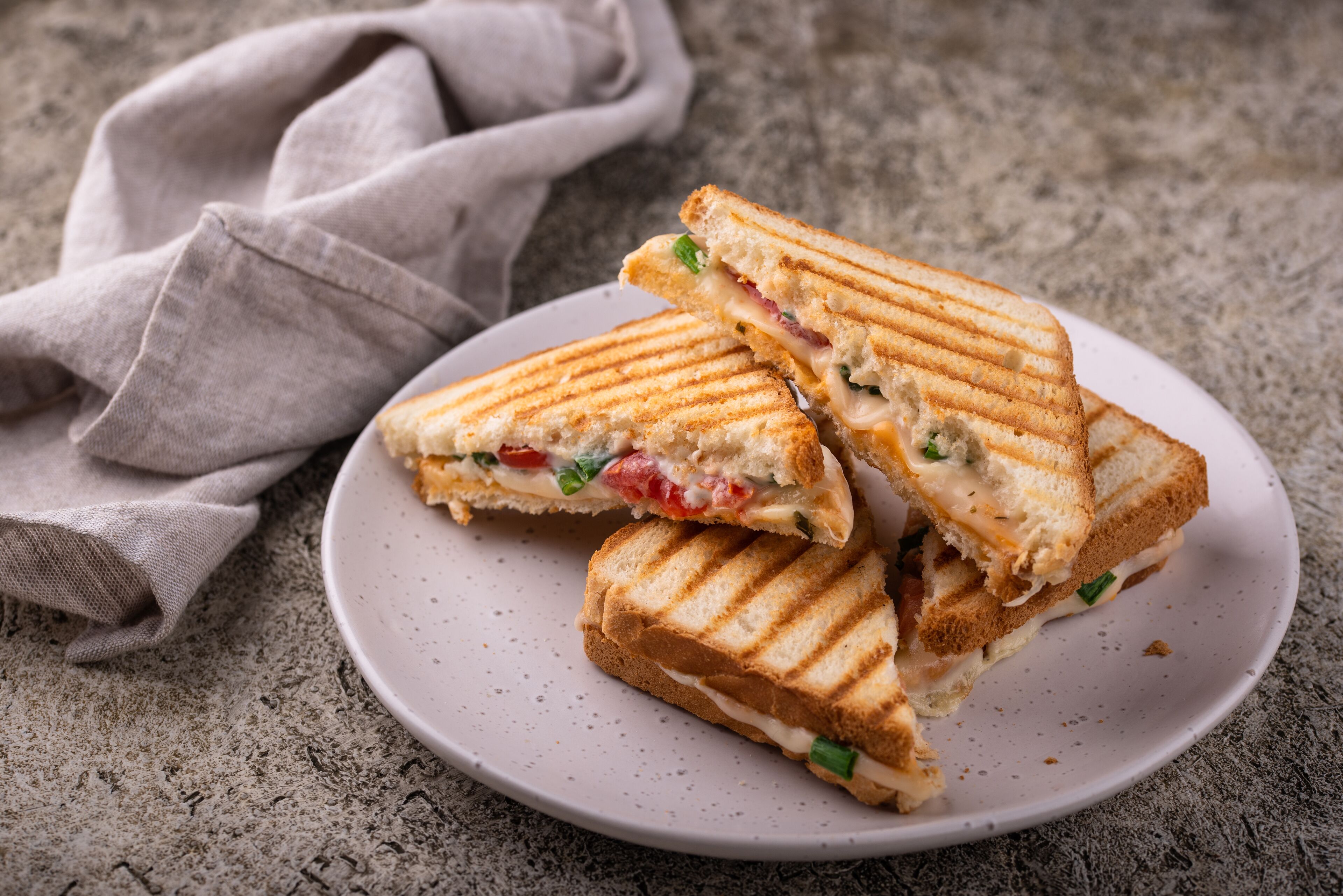 A grilled sandwich on a plate with a cloth napkin beside it.