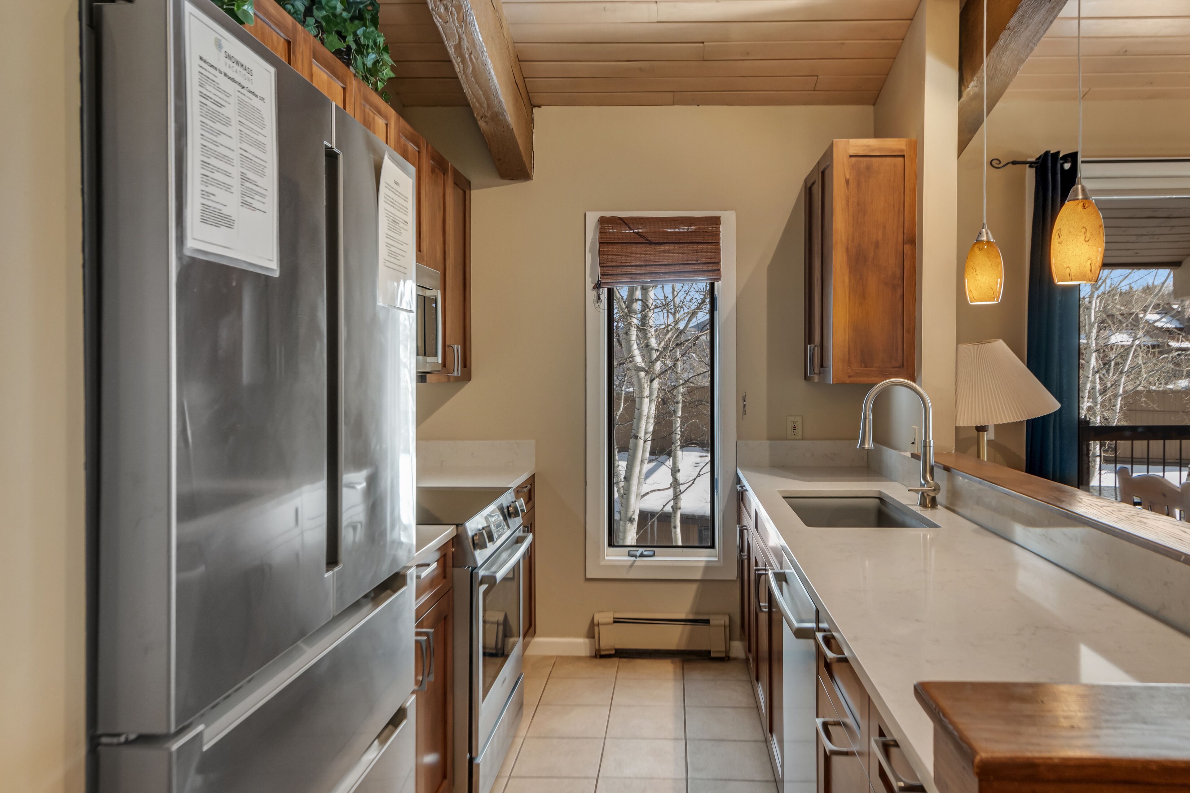 A modern kitchen with stainless steel appliances, a window with a view, and wooden cabinetry.