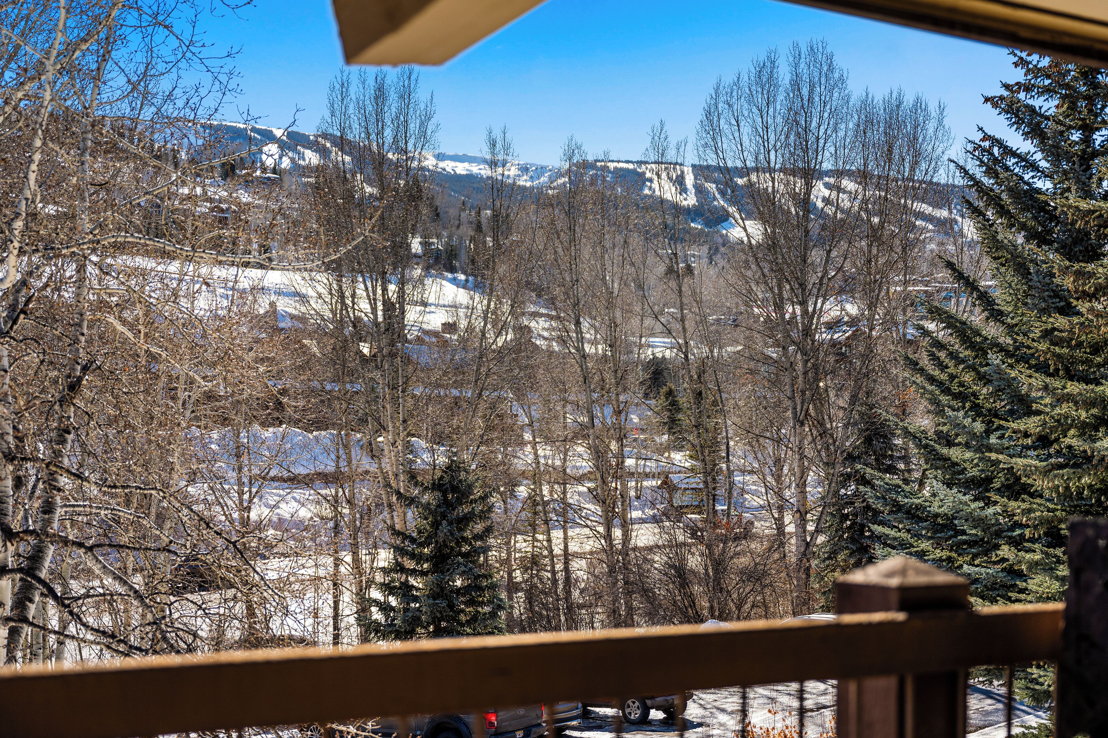 A view from a balcony with a wooden railing, overlooking a snowy landscape with trees and mountains in the distance.