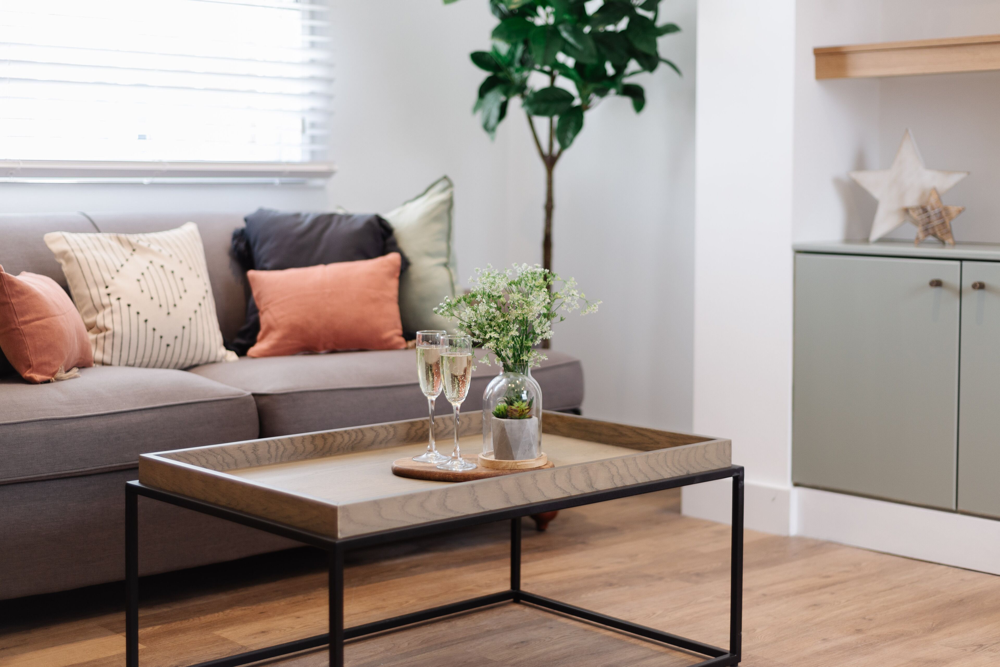 Un salon moderne avec un canapé gris, une table basse en bois et une plante verte.