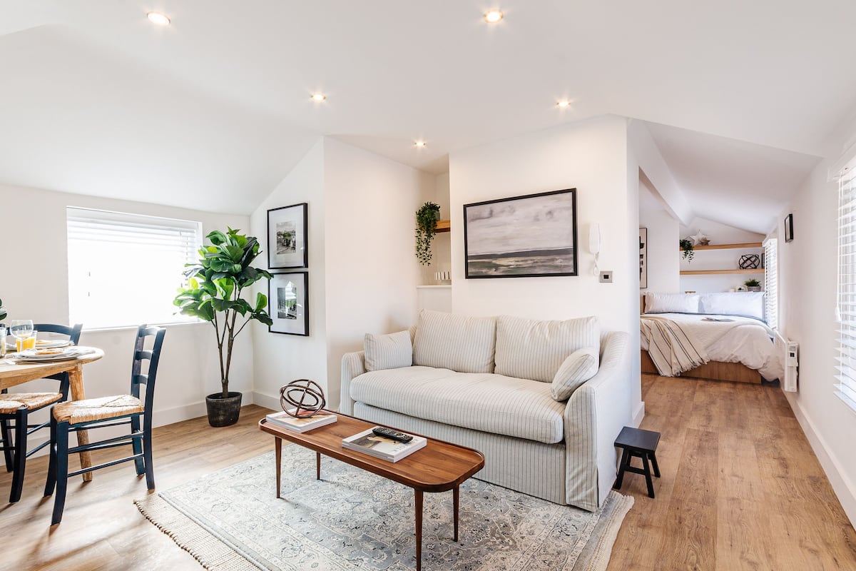 Een ruime woonkamer met een bank, een eettafel met stoelen, een salontafel en een potplant.