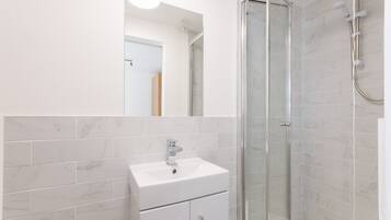 A modern bathroom with a glass shower enclosure, a white sink, and a large mirror.