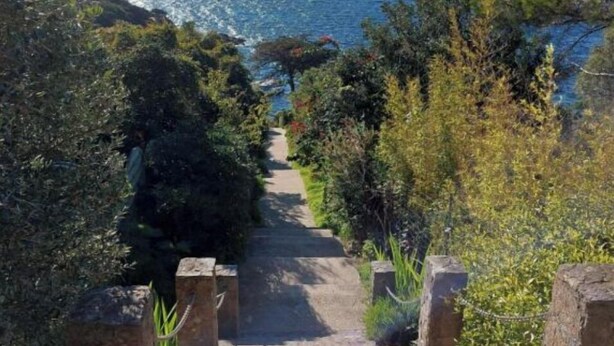 Un escalier en pierre menant à une zone côtière offrant une vue sur la mer et les collines.