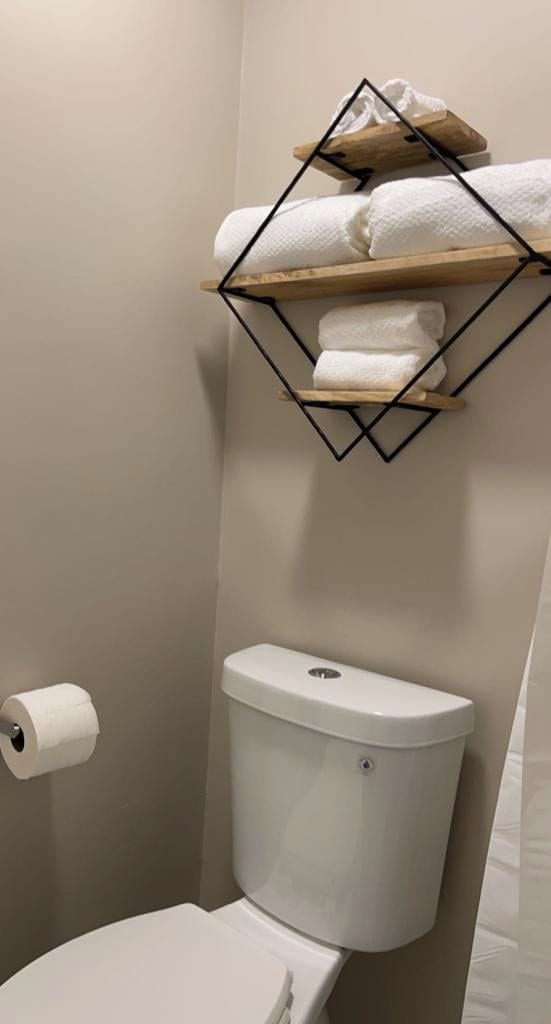Un baño con inodoro, rollo de papel higiénico y toallero con toallas.