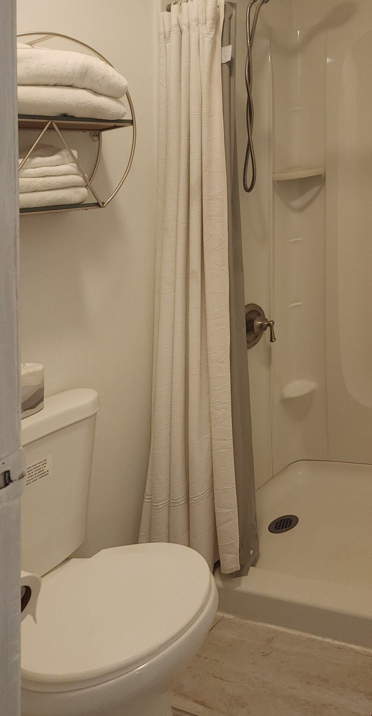A bathroom with a toilet, a shower, and a towel rack.