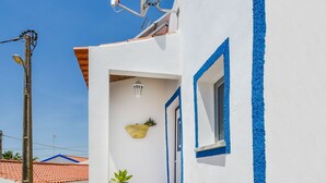 A white building with blue trim, a satellite dish, and a potted plant on the steps.