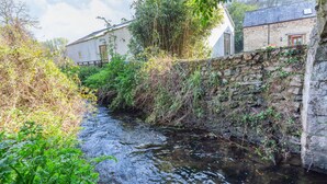 A narrow water channel with stone walls and vegetation on either side. - Miller's Lodge (Liskeard)